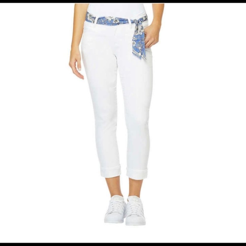 Kensie White Belted Crop Ankle Slim  straight Relaxed Fit Jean Women size 14